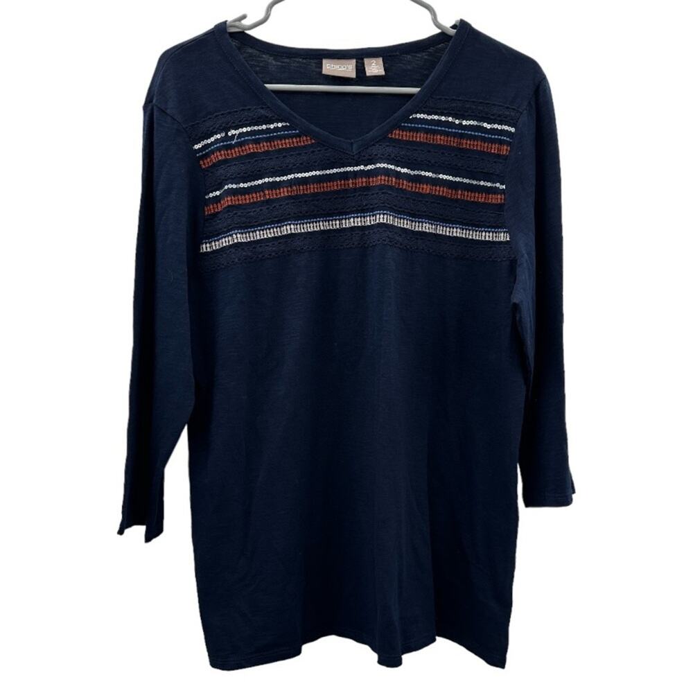 Chico's Navy Blue Red & White Lace Embroidered Sequin 3/4 Sleeve Top Size 2 (M)